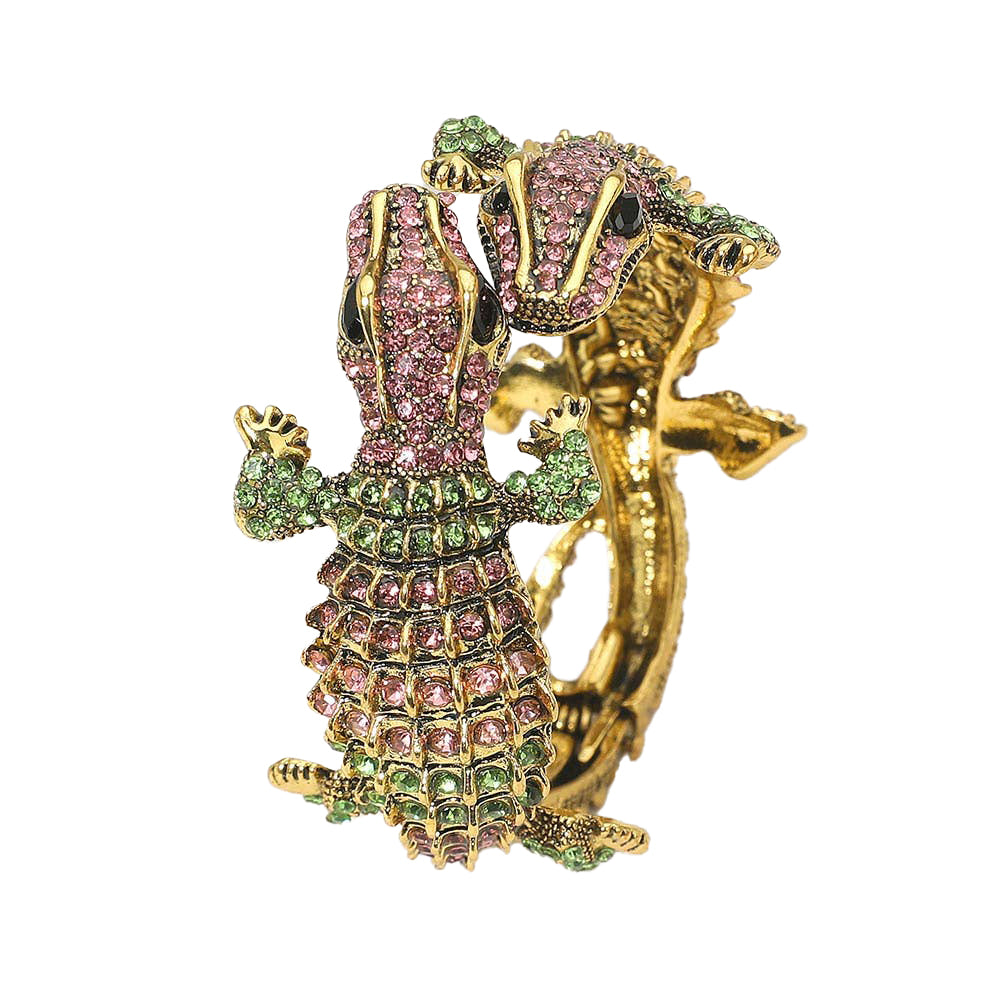 Double Crocodile/Alligator Evening Hinged Cuff Bracelet: Pink&Green