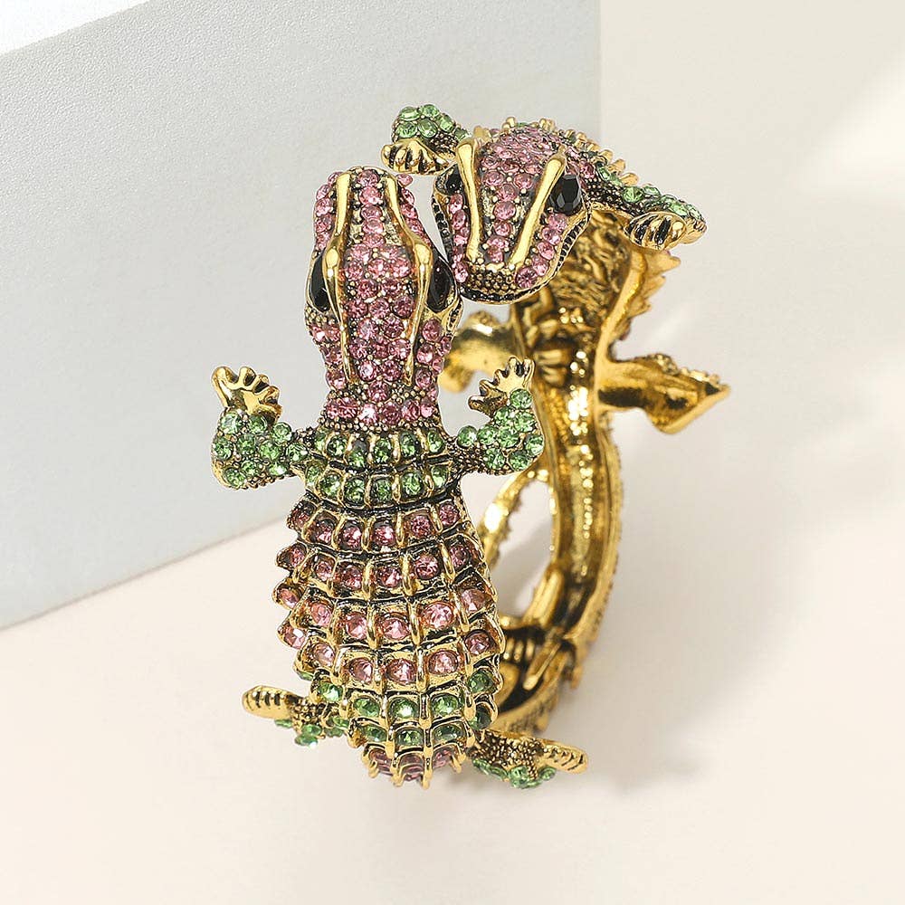 Double Crocodile/Alligator Evening Hinged Cuff Bracelet: Pink&Green