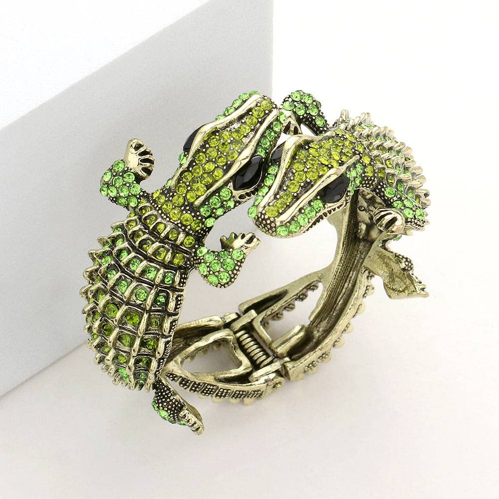 Double Crocodile/Alligator Evening Hinged Cuff Bracelet: Green
