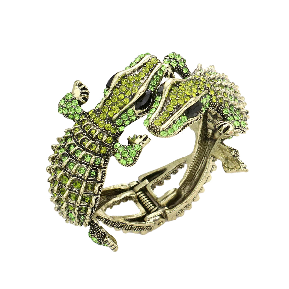 Double Crocodile/Alligator Evening Hinged Cuff Bracelet: Green