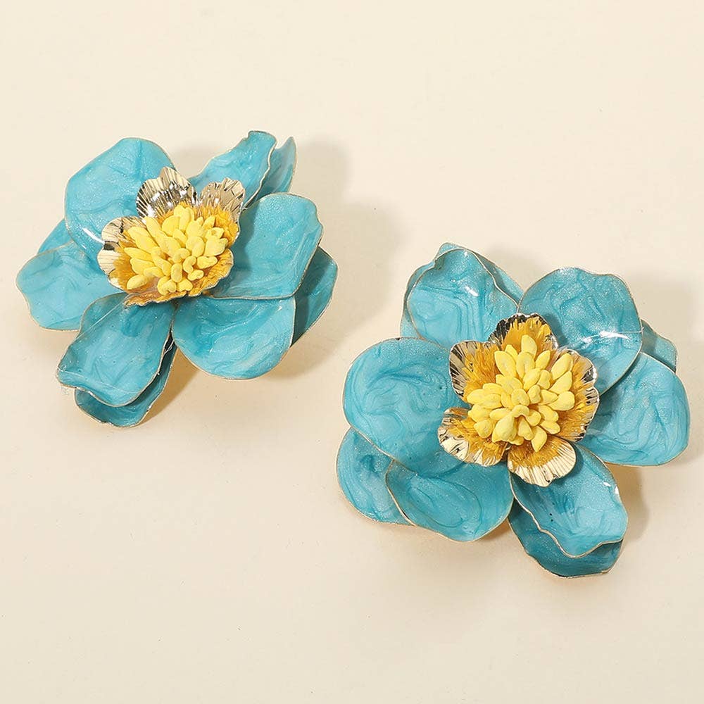 Bold Enamel Flower Statement Earrings: Blue,Gold