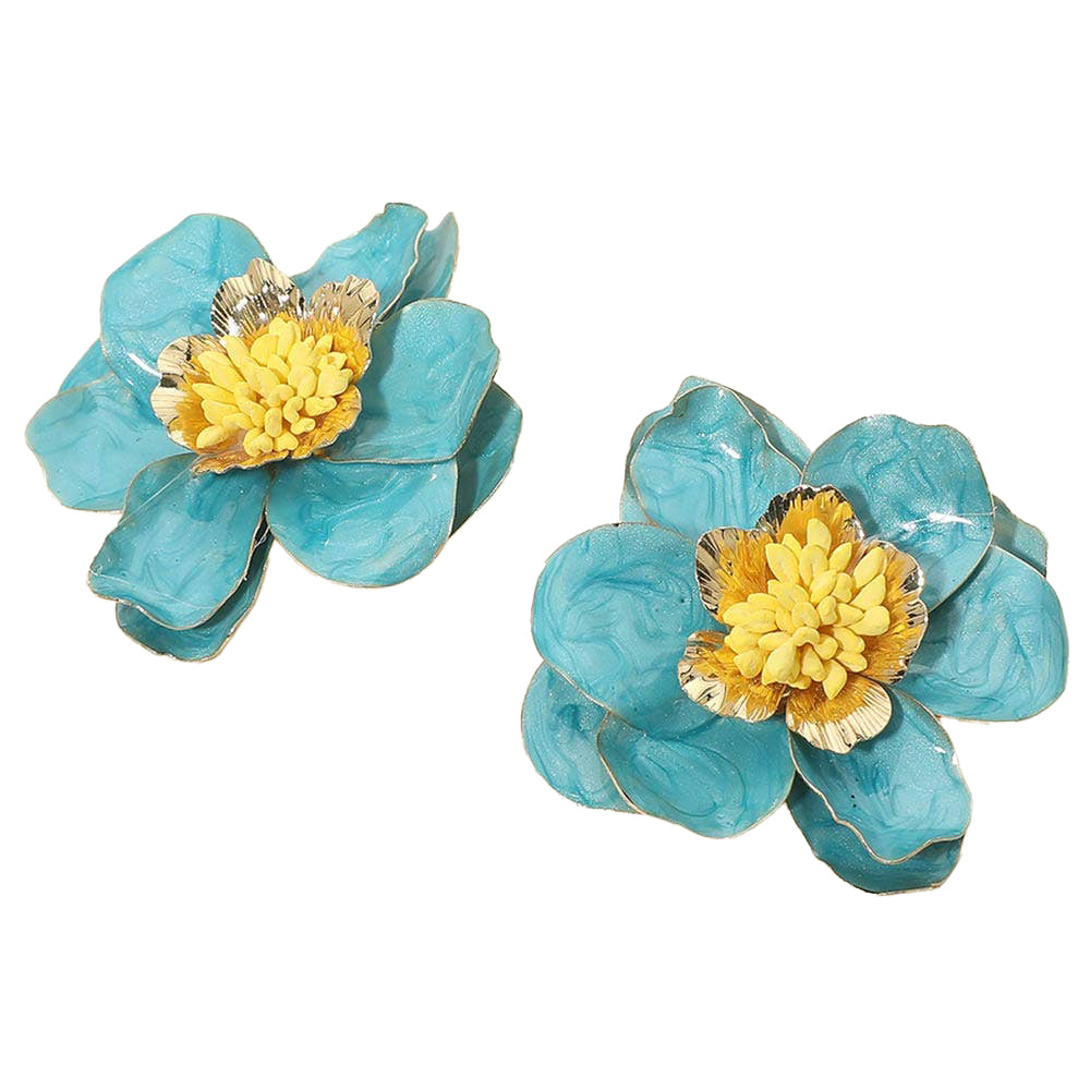 Bold Enamel Flower Statement Earrings: Blue,Gold