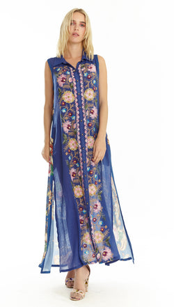 Adonis Blue Embroidery Maxi Shirt-Dress