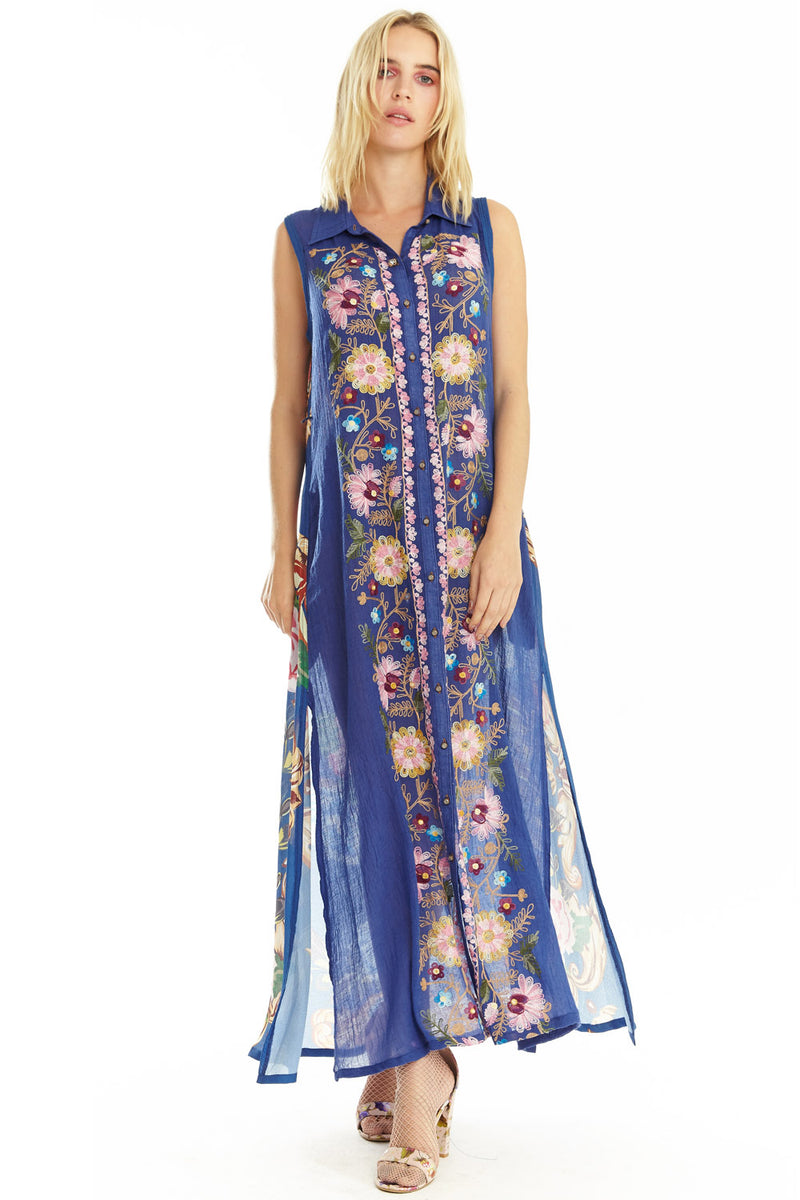 Adonis Blue Embroidery Maxi Shirt-Dress