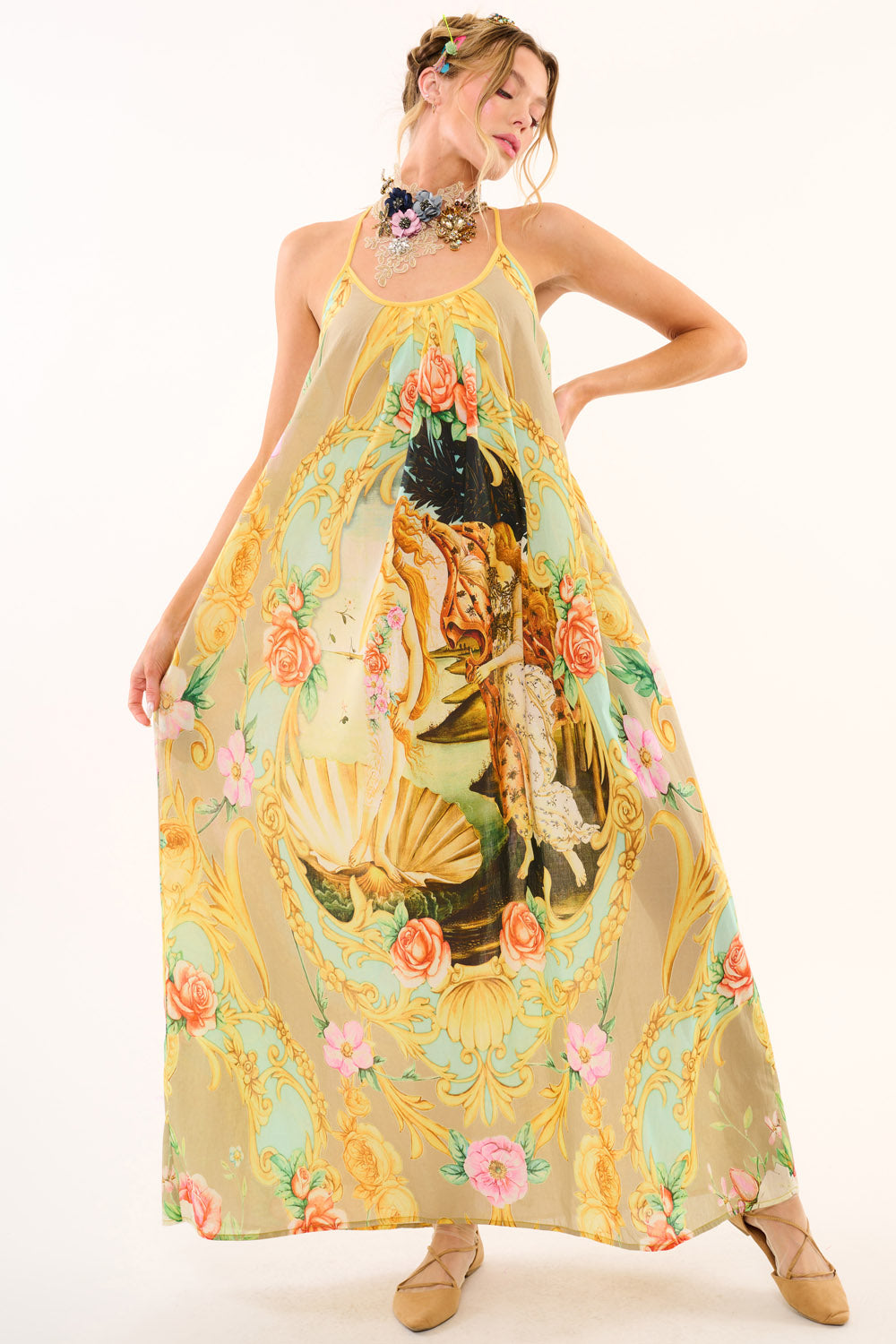 venus clothing maxi dresses VENUS MAXI Stunning V-Neck Bohemian Printed Silk Dress in Checkered Tangerine