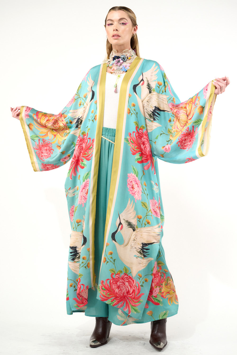 The Legend Of The Crane Maxi Kimono in Emerald