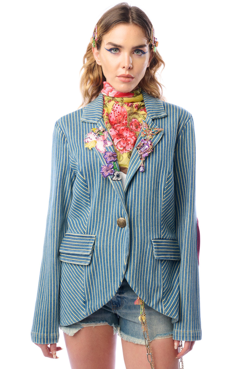 Alaia Stripe Embellished Denim Blazer