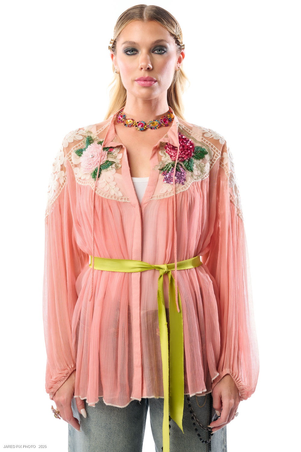 Amora Chiffon Hand Embellished Blouse Top Vintage