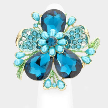 Pearl Stone Embellished Oversized Flower Stretch Ring: Blue Zircon