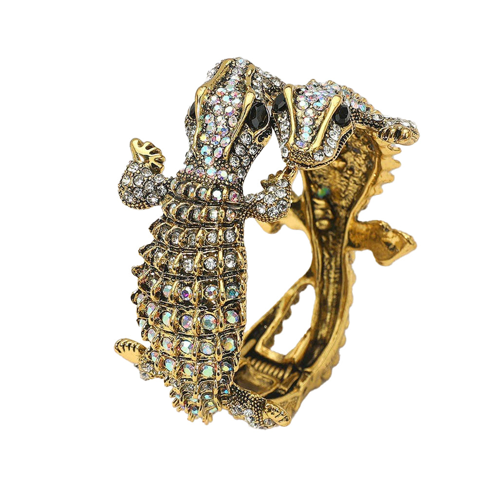 Double Crocodile Alligator Evening Hinged Cuff Bracelet AB