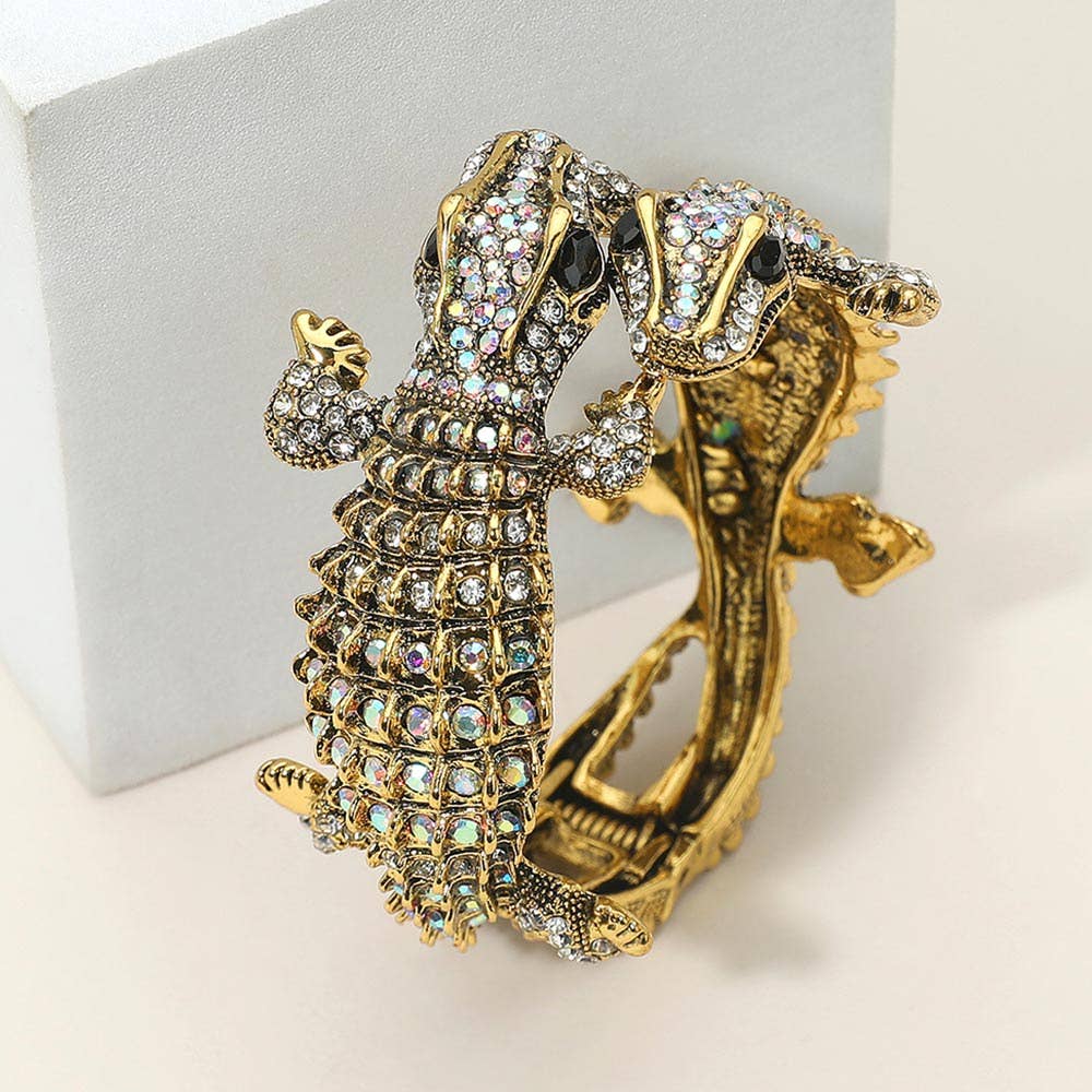 Double Crocodile/Alligator Evening Hinged Cuff Bracelet: AB Gold