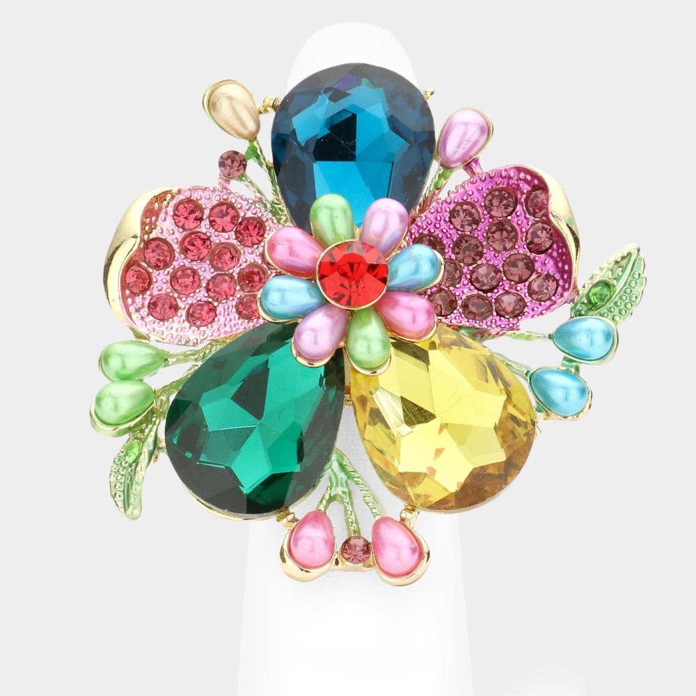 Pearl Stone Embellished Oversized Flower Stretch Ring: Multi
