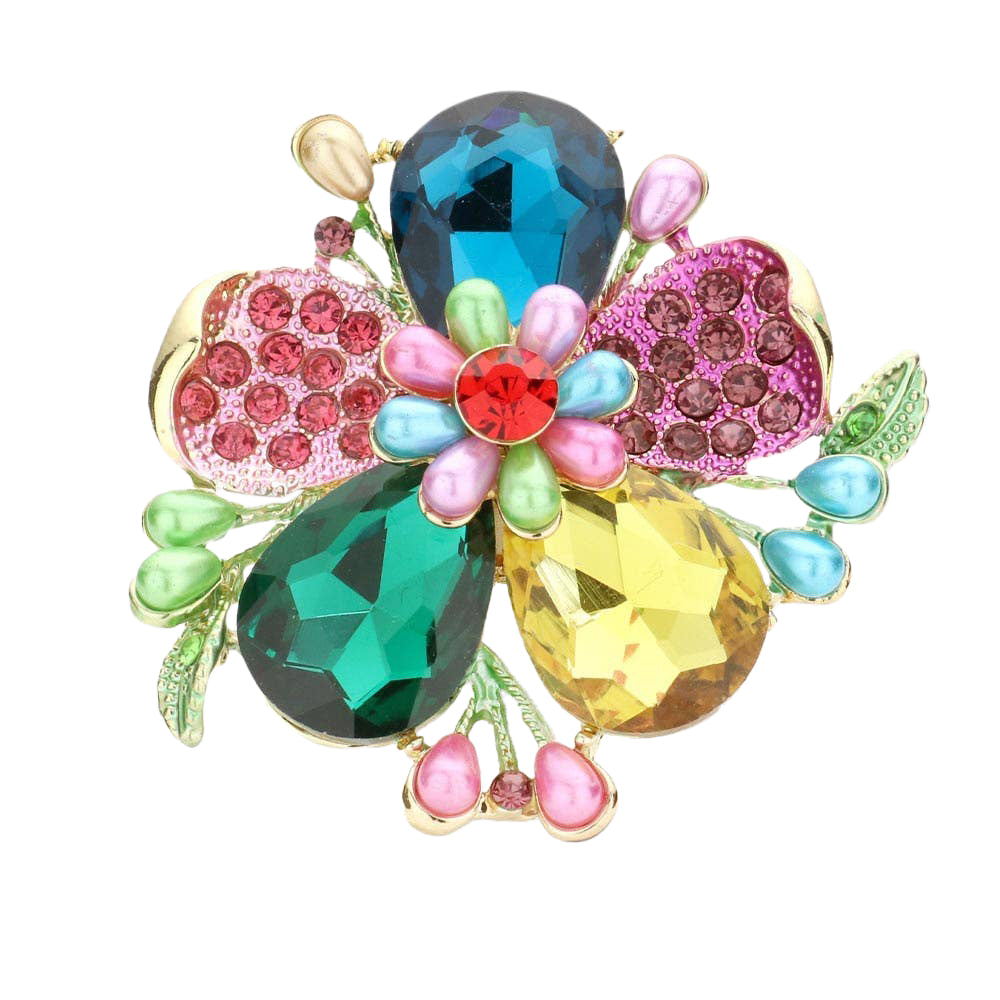 Pearl Stone Embellished Oversized Flower Stretch Ring: Multi