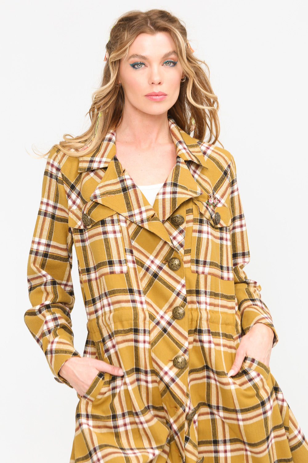 Aratta Coco Plaid Trench Coat Size XS Mustard